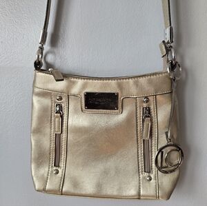 Liz Claiborne Gold Metallic Crossbody Bag Purse Charm Front Zip Y2K